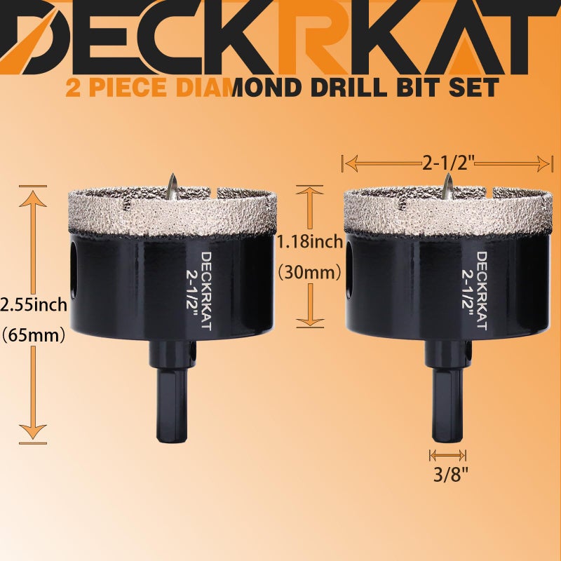 DECKRKAT 2-1/2 Inch Diamond Hole-Saw Bits with Pilot Drill Bit - 2pc 2-1/2"" Diamond Tipped Tile Hole Saws with Guiding Bit Accurate Drilling for Porcelain Tile Ceramic Pottery Granite Stone Glass Bottles 65mm - Image 2
